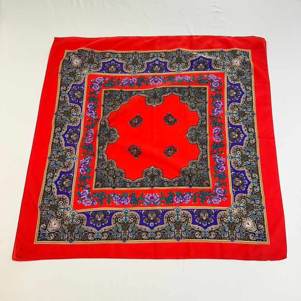 Vintage Red Paisley Floral Square Scarf Large 30x30 Boho Neckerchief Headwrap